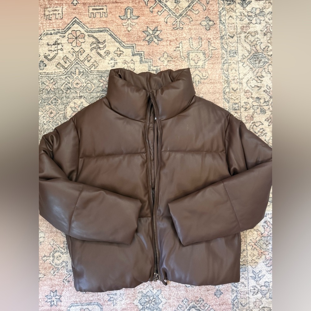 Old Navy Chocolate Brown Faux Leather Puffer Coat
